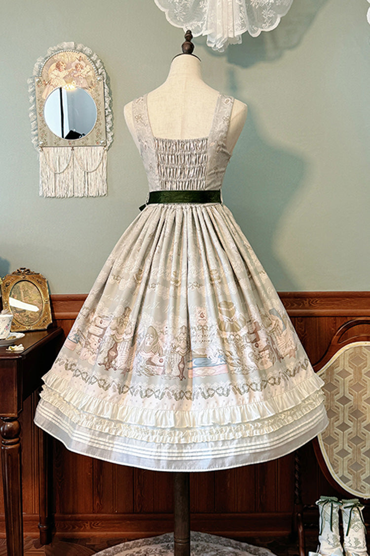 Iris Study V Collar Sleeveless Print Bowknot Lace Sweet Lolita Jumper Dress 2 Colors