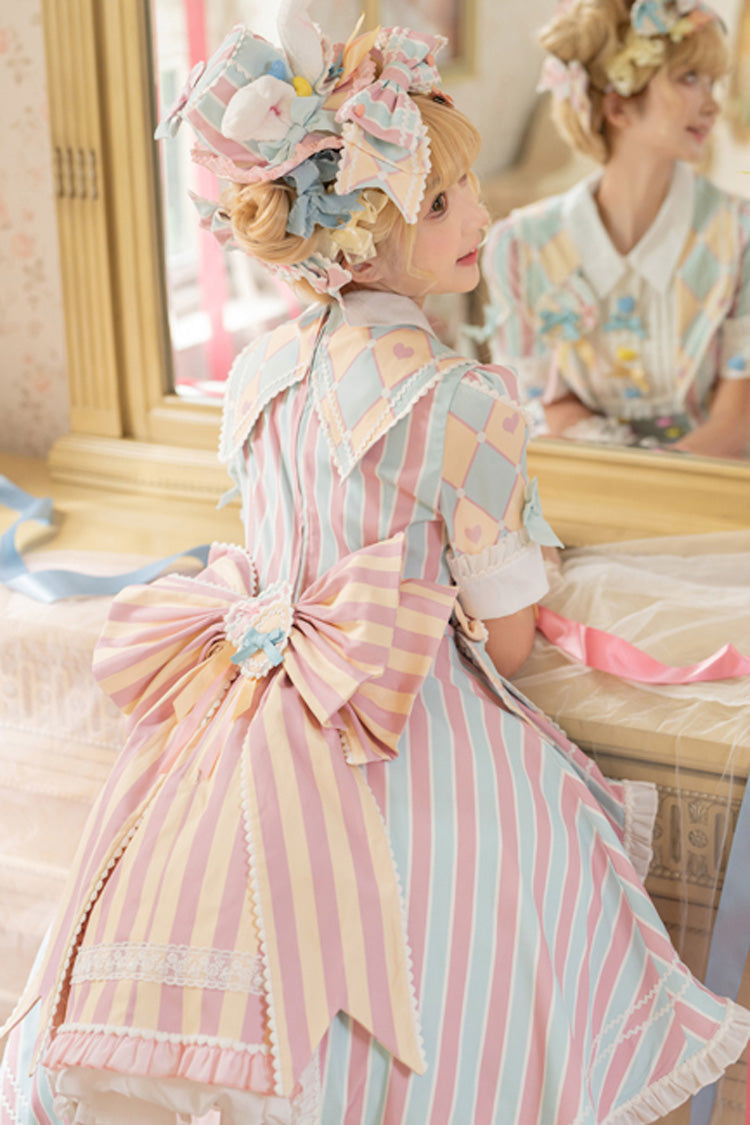 Blue/Pink Short Sleeves Weird Theater Print Ruffle Bowknot Sweet Lolita Dress