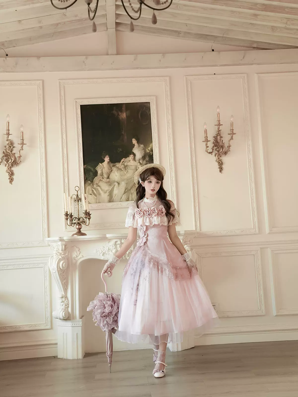 Pink Floral Mesh Lace Ruffled Rose Sweet Princess Vintage Lolita Dress