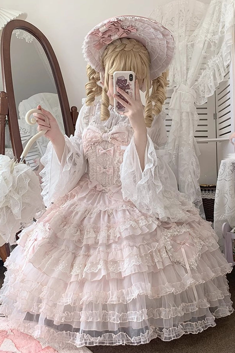 Pink Sweetheart Diary Multi-Layered Ruffle Hanayome Embroidery Bowknot Lace Sweet Lolita Jsk Dress
