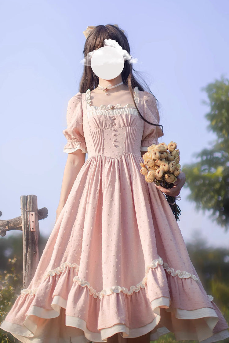 Pink Square Collar Short Puff Sleeves Ruffle Embroidery Sweet Elegant Lolita Dress