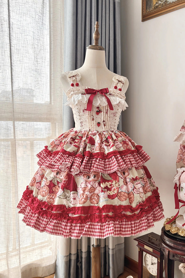 Red Strawberry Bear Sleeveless Double-Layered Print Ruffle Bowknot Sweet Princess Lolita Jsk Dress