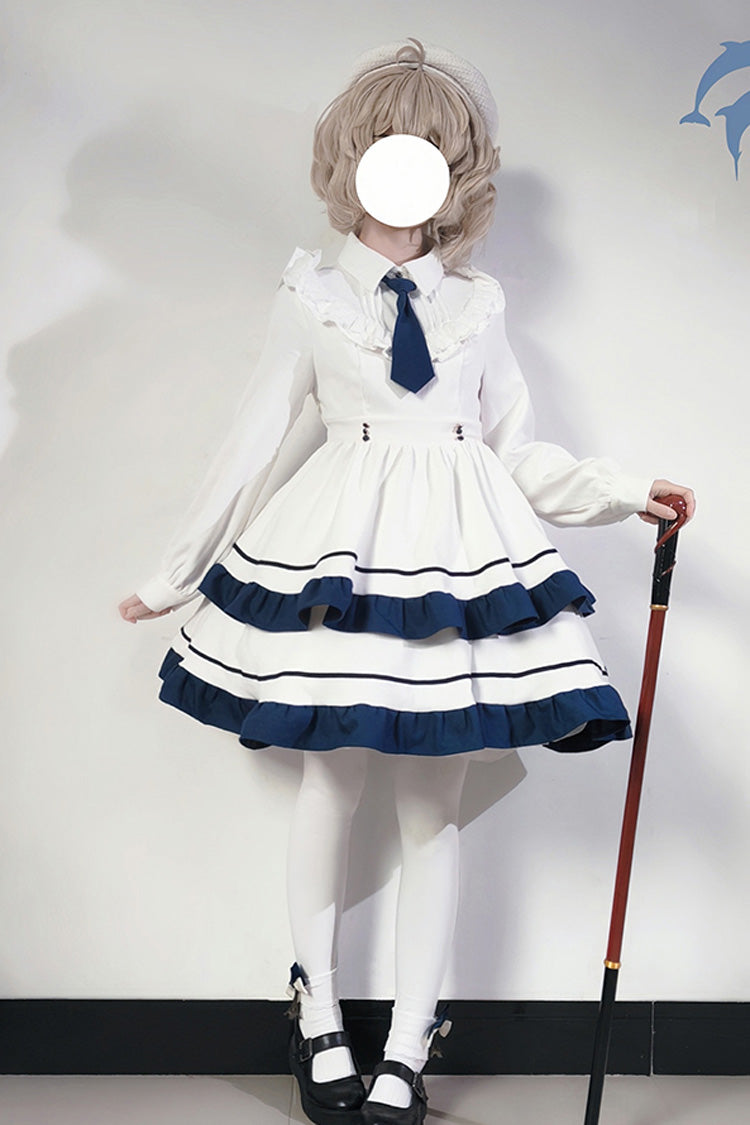 White Long Sleeves Double-Layered Ruffle Sweet College Style Lolita Dress