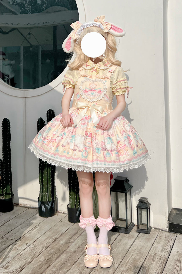 Yellow Sheep's Party Print Bowknot Stitching Lace Sweet Lolita Strap Dress