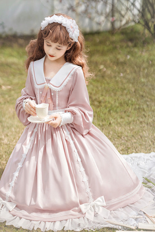 Pink Doll Collar Bowknot Long Sleeves High Waisted Ruffled Sweet Lolita OP Dress