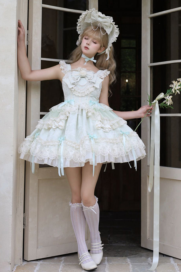 Green Blossoming Heart Love  Sleeveless Dark Jacquard Print Bowknot Lace Sweet Lolita Jsk Dress
