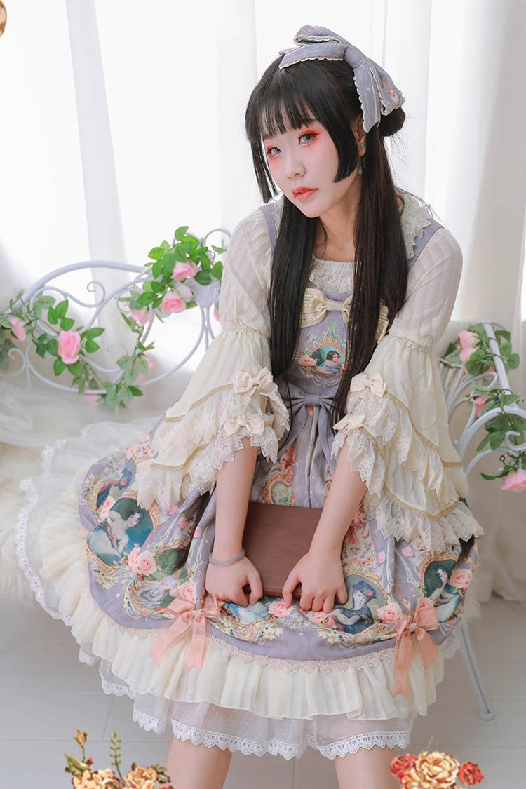 Portrait of A Little Lady Print Ruffle Bowknot Lace Classic Vintage Elegant Lolita Jsk Dress 3 Colors