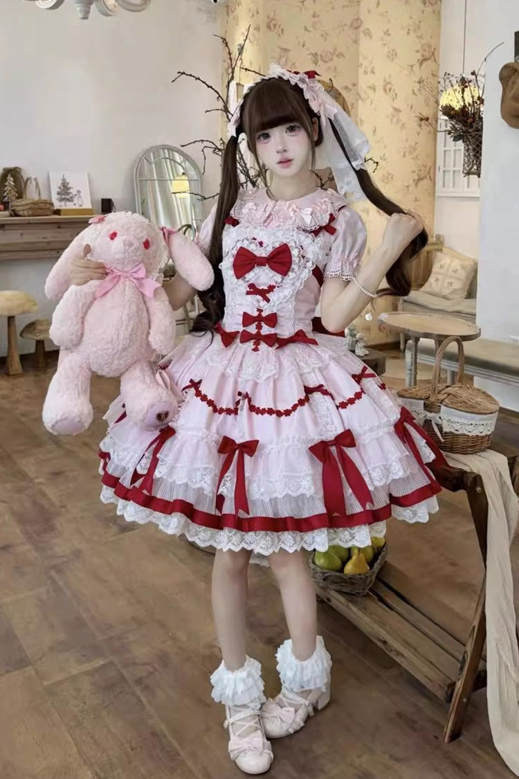 Red/Pink Scarlet Heart Cocoa Sleeveless Triple-Layered Ruffle Embroidery Bowknot Lace Sweet Lolita Jsk Dress
