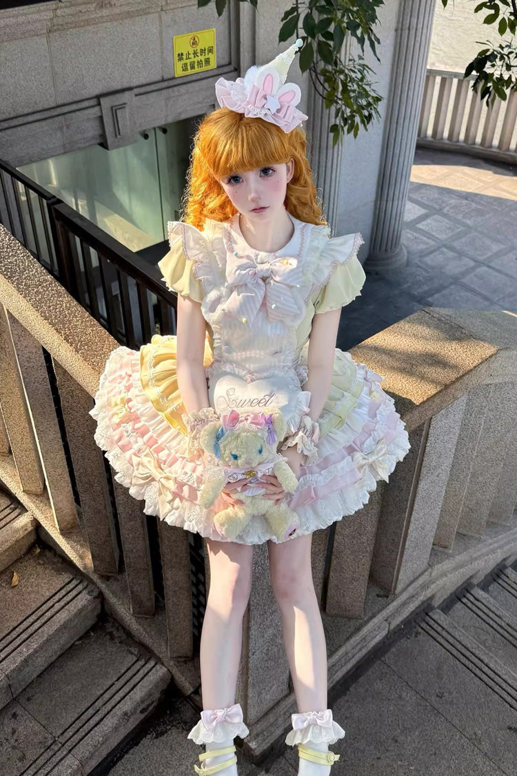 Yellow/Pink Sweet Bunny Chef Short Sleeves Multi-Layered Ruffle Bowknot Sweet Lolita Dress