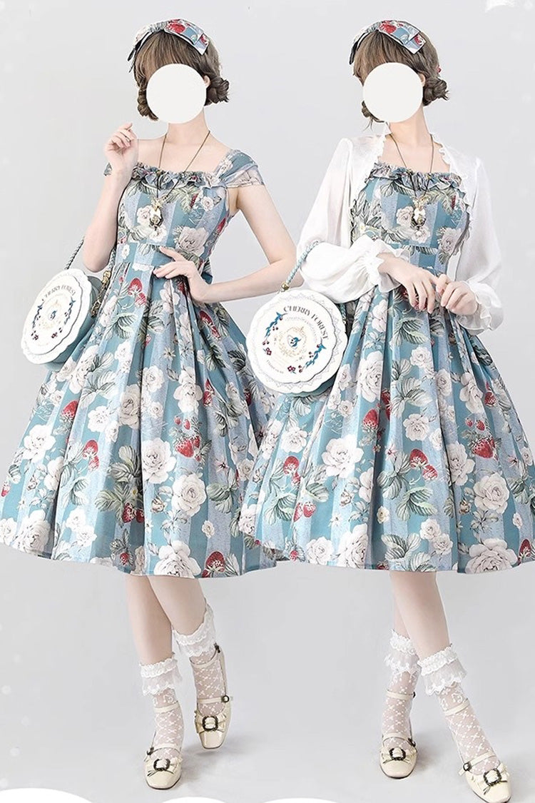 Blue/Green Forest Basket Sea Salt Rose Print Bowknot Chiffon Sweet Elegant Lolita Jsk Dress