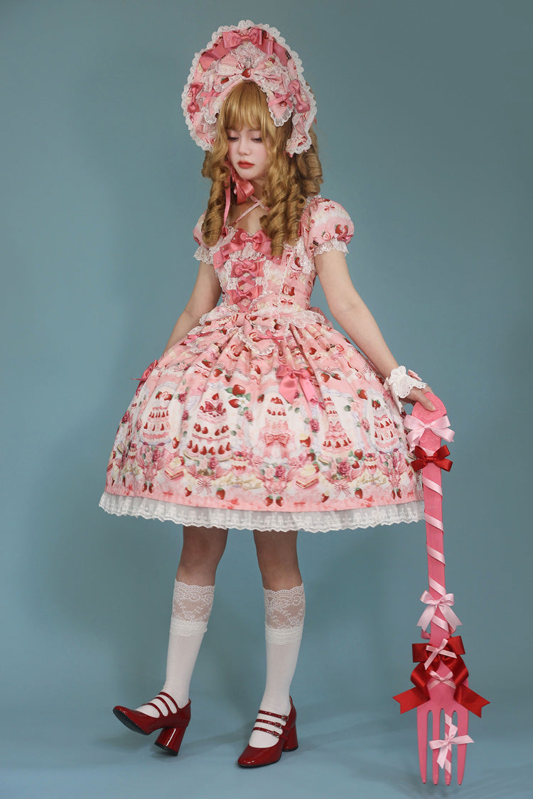 Strawberry Cake Bouquet Print Square Collar Short Sleeves Bowknot Lace Sweet Lolita Dress 3 Colors