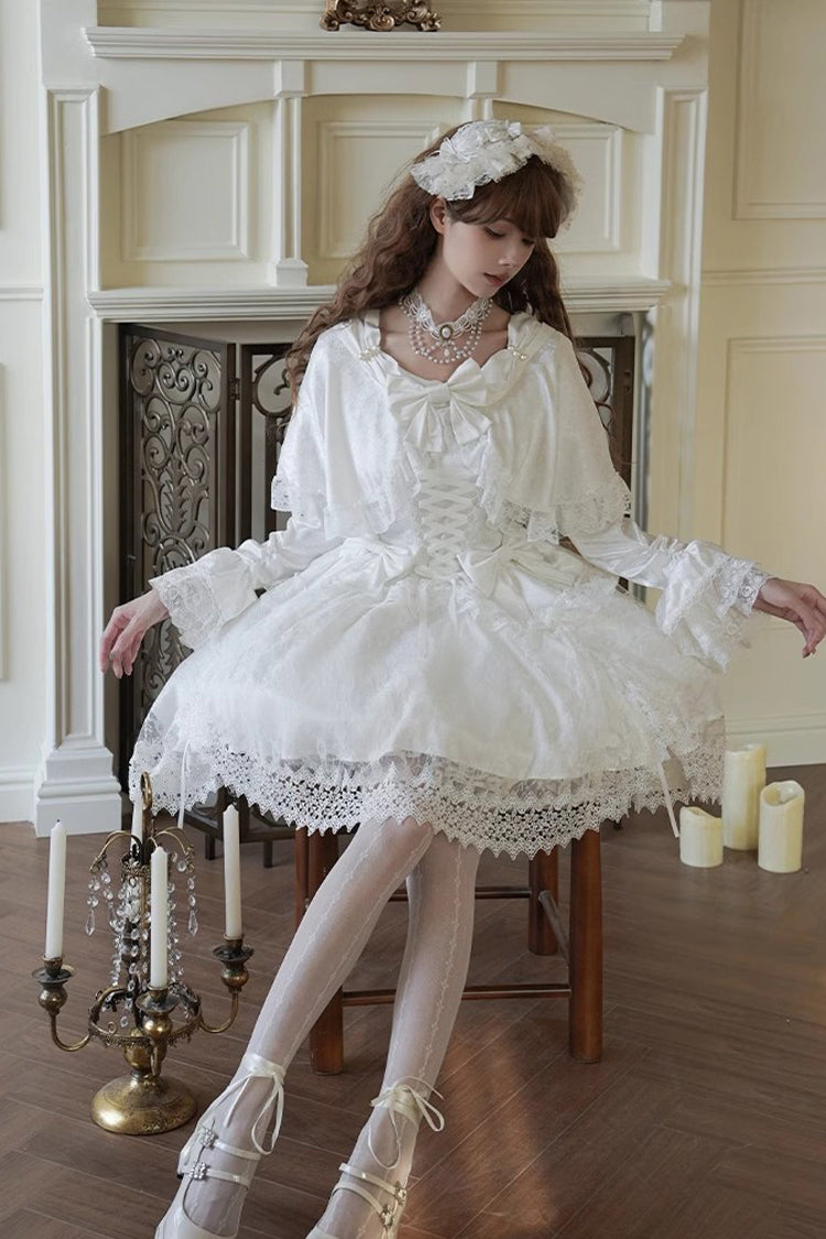 White Cherish Long Trumpet Sleeves Ruffle Hanayome Bowknot Lace-Up Sweet Lolita Dress