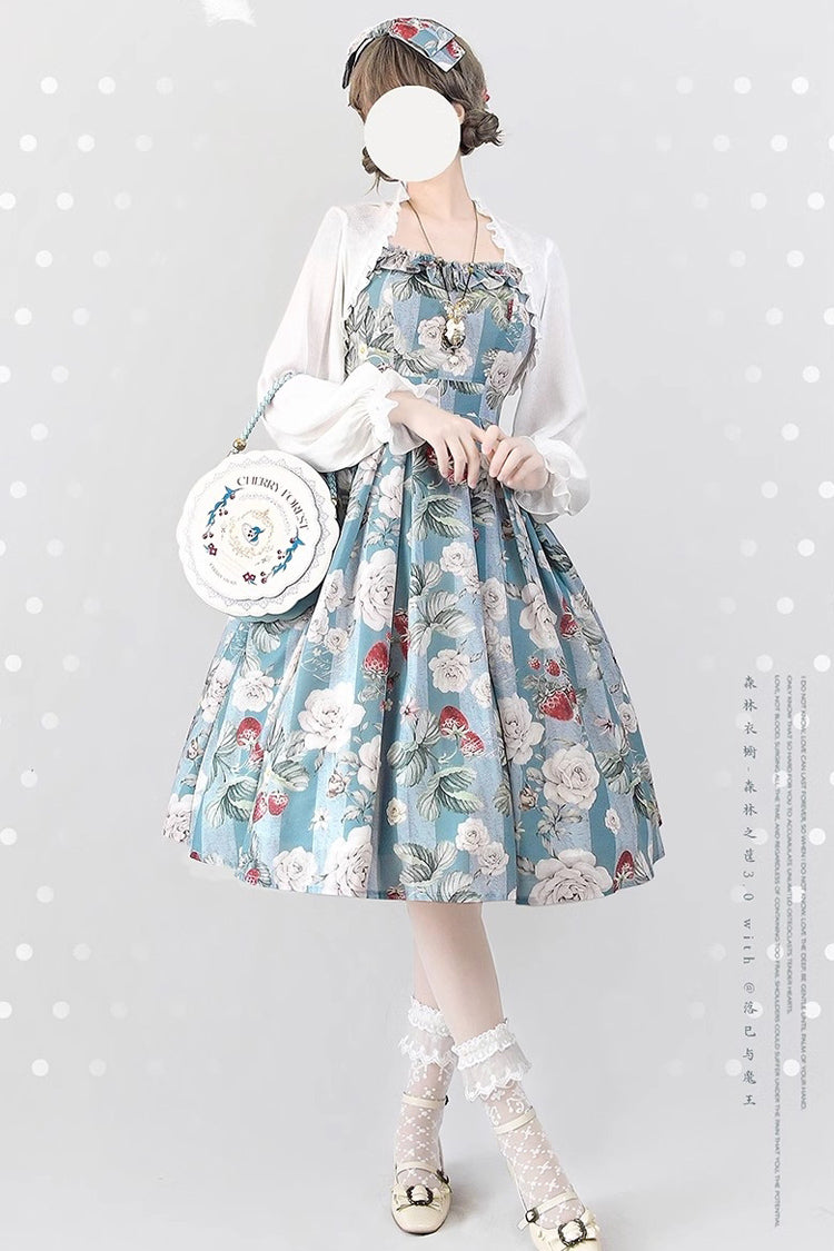 Blue/Green Forest Basket Sea Salt Rose Print Bowknot Chiffon Sweet Elegant Lolita Jsk Dress