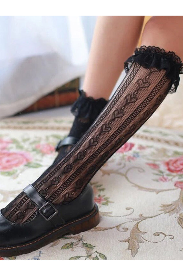 Love Heart Shape Lace Hollowed Out Middle Tube Lolita Socks