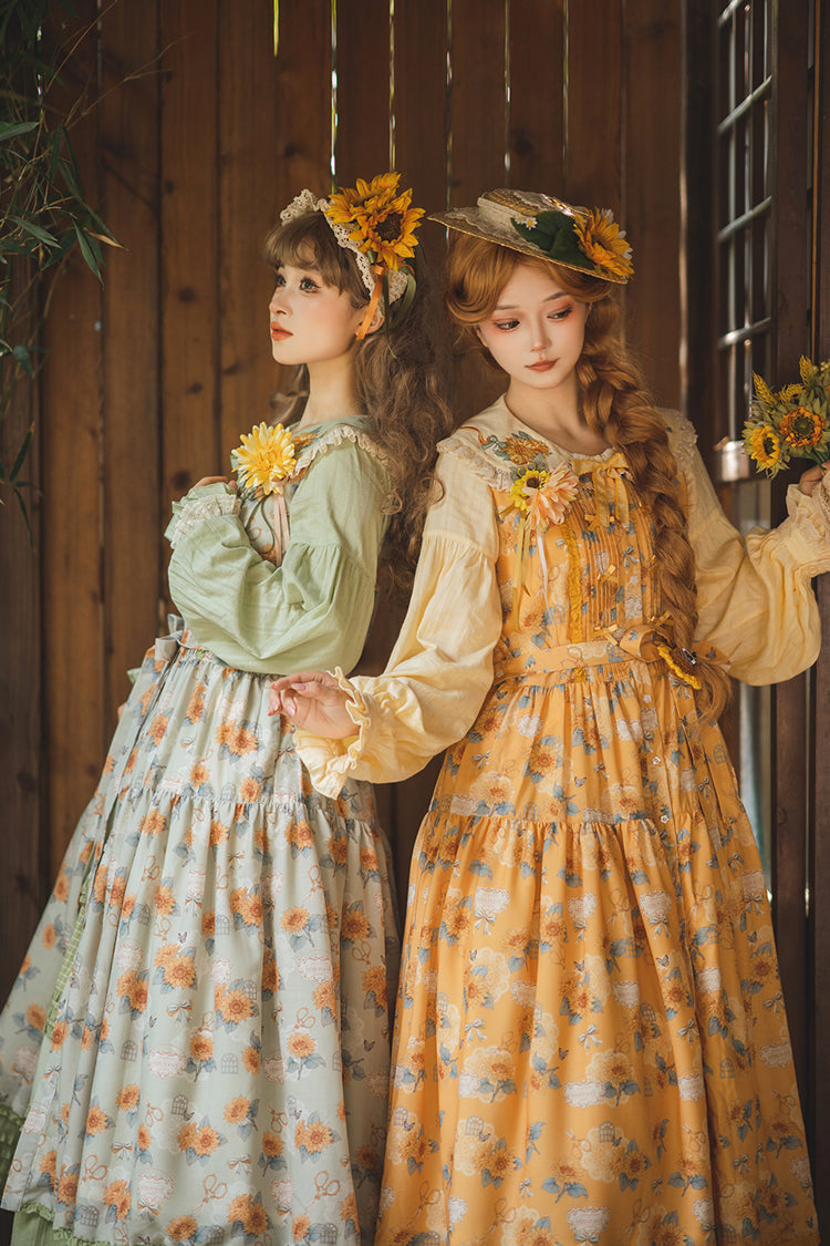 Green Gardening Sunflower Sleeveless Print Ruffle Bowknot Sweet Elegant Lolita Jsk Dress