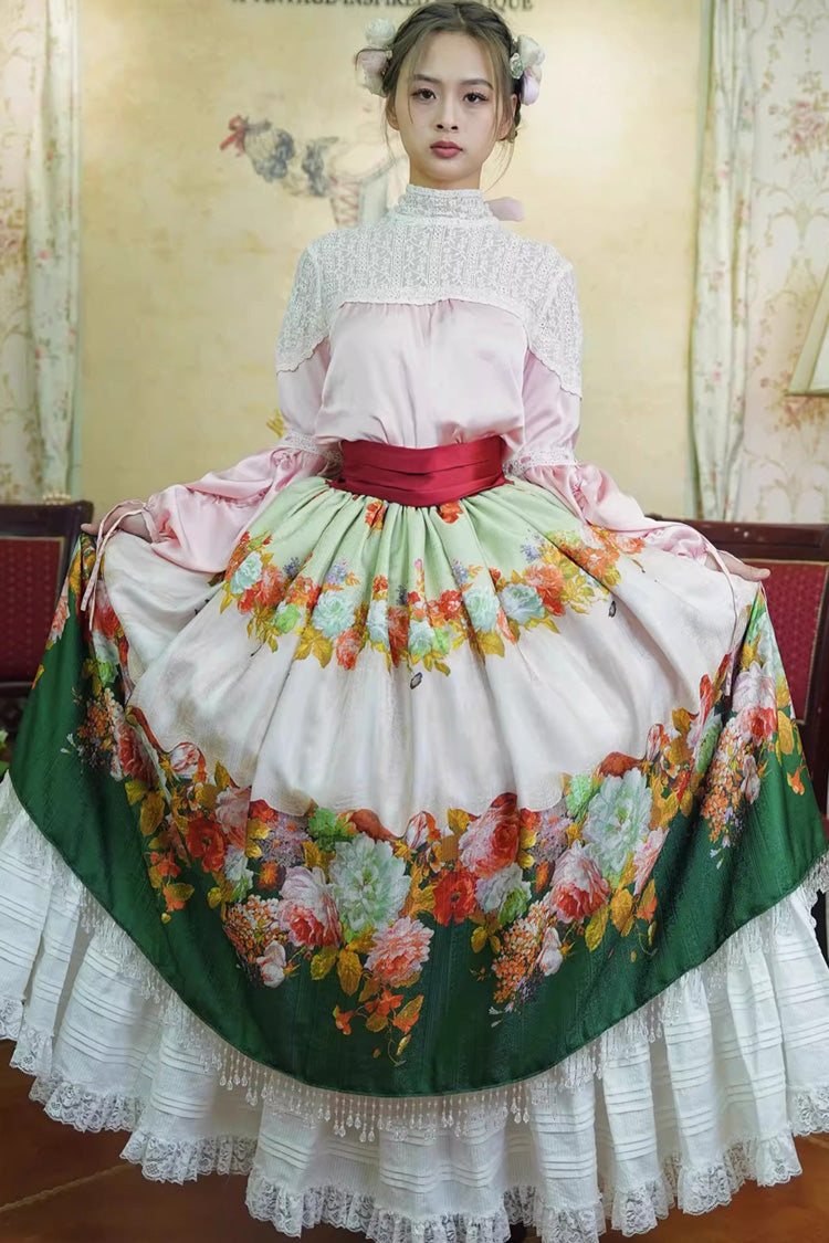 Green Rainy Season Garden Print Ruffle Sweet Classic Lolita Skirt