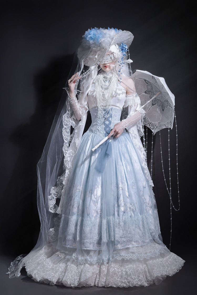 Blue Snow Lily Print Ruffle Hanayome Embroidery Bowknot Lace-Up Sweet Elegant Princess Lolita Skirt Set