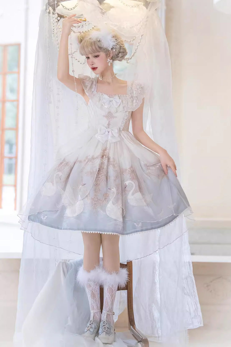 White/Blue Flower and Letter Swan Lake Print Ruffle Bowknot Elegant Lolita Jsk Dress