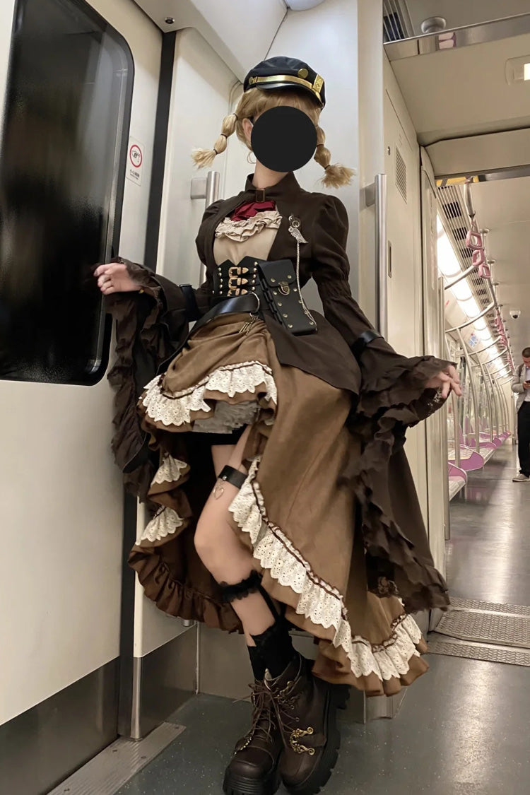 Brown Ruffle Irregular Handsome Punk Lolita Dress Set
