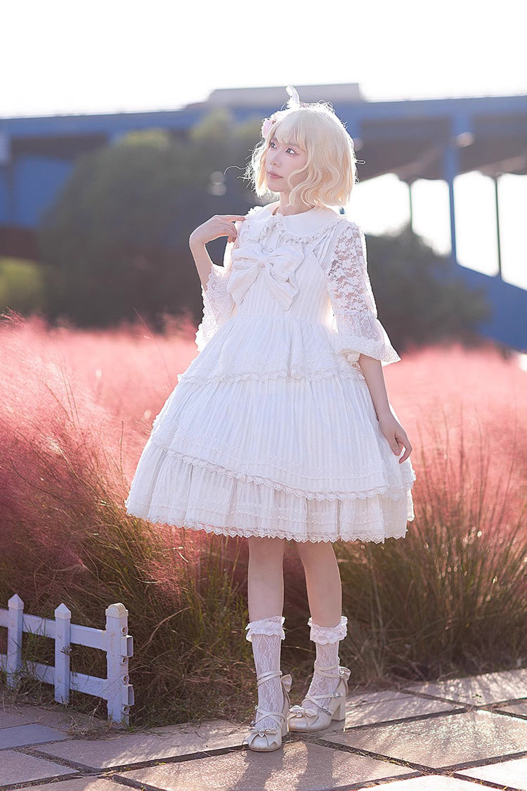 White Solid Color Tower of Dawn Bowknot Sleeveless Ruffle Sweet Lolita Dress