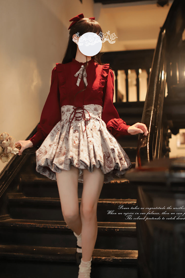 Grey Elise Print Ruffle Lace-Up Sweet Lolita Skirt