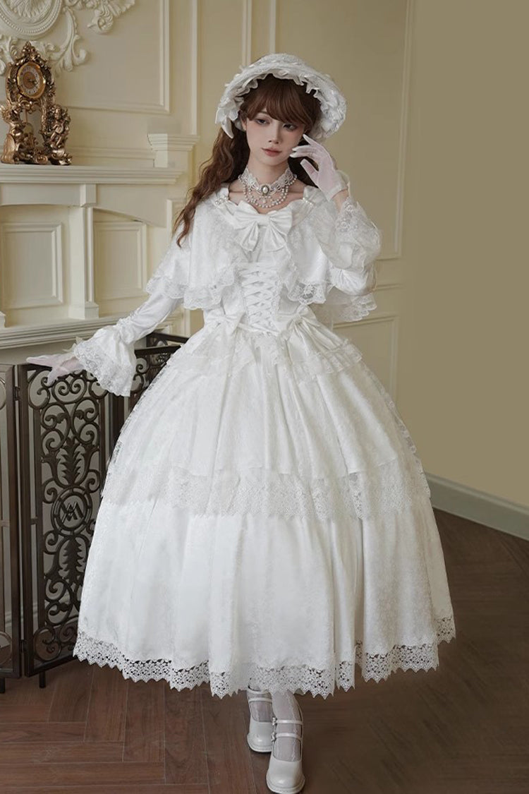 White Cherish Long Trumpet Sleeves Ruffle Hanayome Bowknot Lace-Up Sweet Lolita Dress