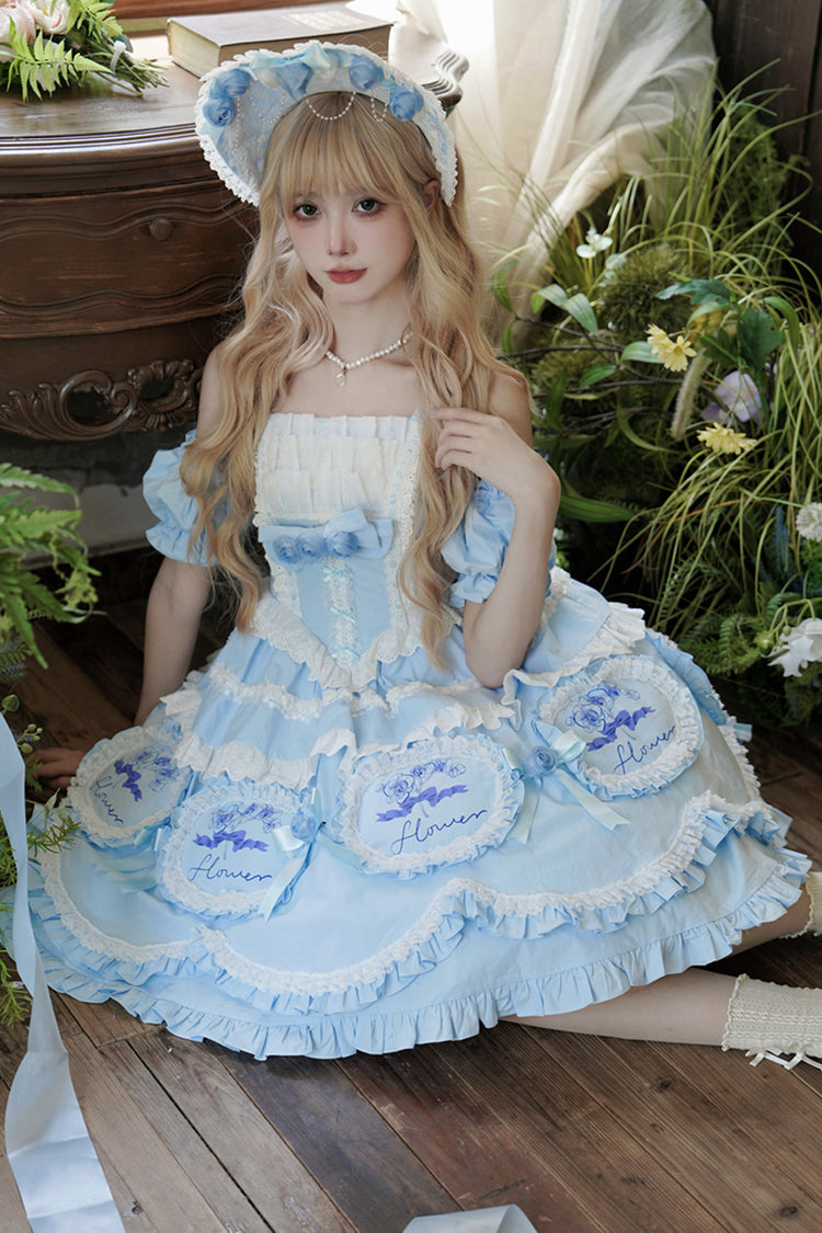 Blue Butterfly Dream Multi-Layered Print Ruffle Bowknot Sweet Princess Lolita Jsk Dress