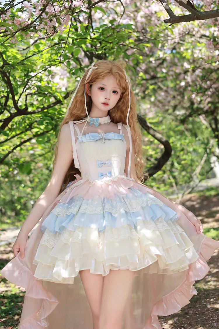 Blue/Pink/Apricot Multi-layer Ruffle Bowknot Sweet Princess Lolita Tiered Dress