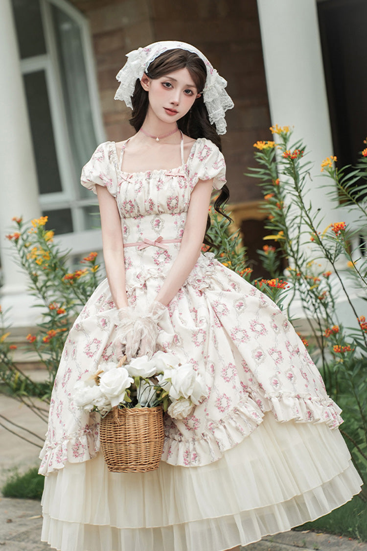 Ivory Rose After The Rain Short Sleeves Triple-Layered Print Ruffle Bowknot Lace-Up Sweet Lolita Long Dress