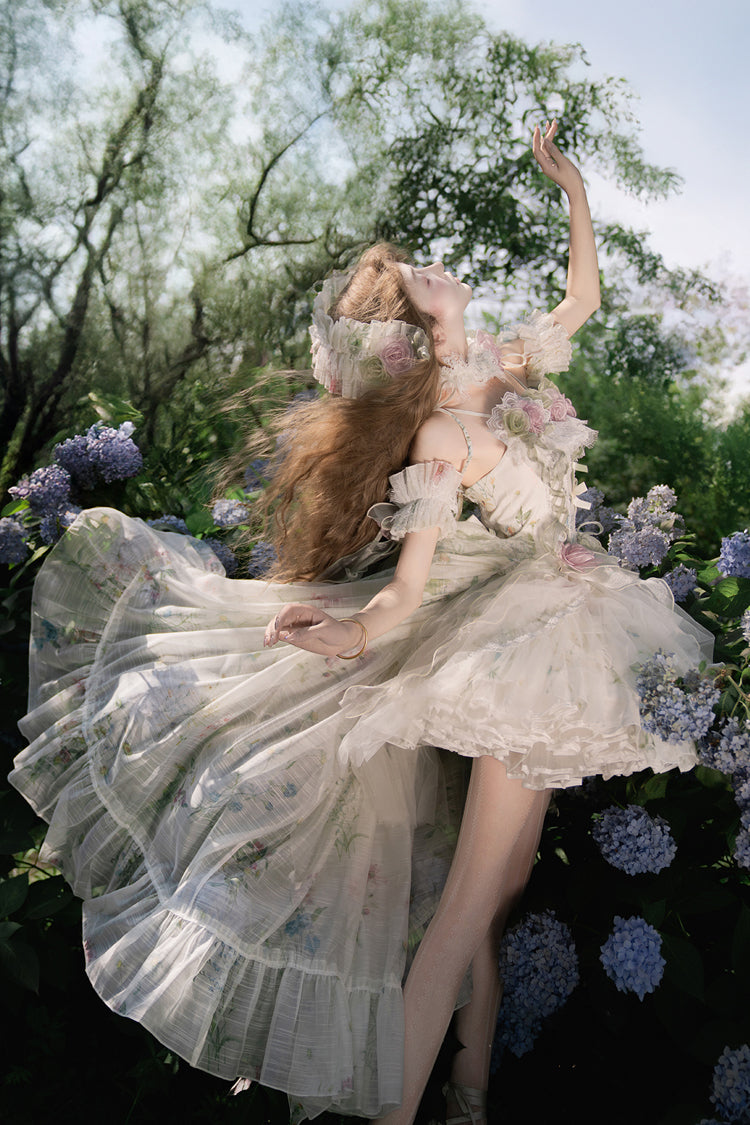 Green Spring Rose Sleeveless Multi-Layered Bowknot Lace-Up Fishbone Sweet Lolita Jsk Dress