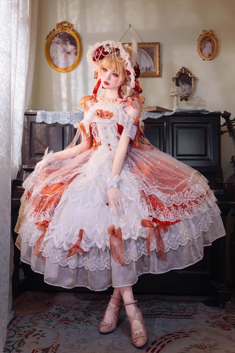 Red Glazed Phantom Off Shoulder Ruffle Hanayome Bowknot Lace Sweet Elegant Lolita Dress