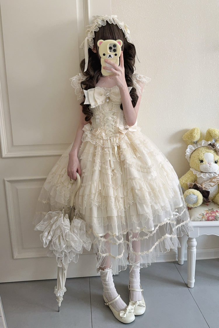 Apricot Eternal Vow Sleeveless Multi-Layered Ruffle Hanayome Bowknot Lace Lace-Up Sweet Lolita Jsk Dress