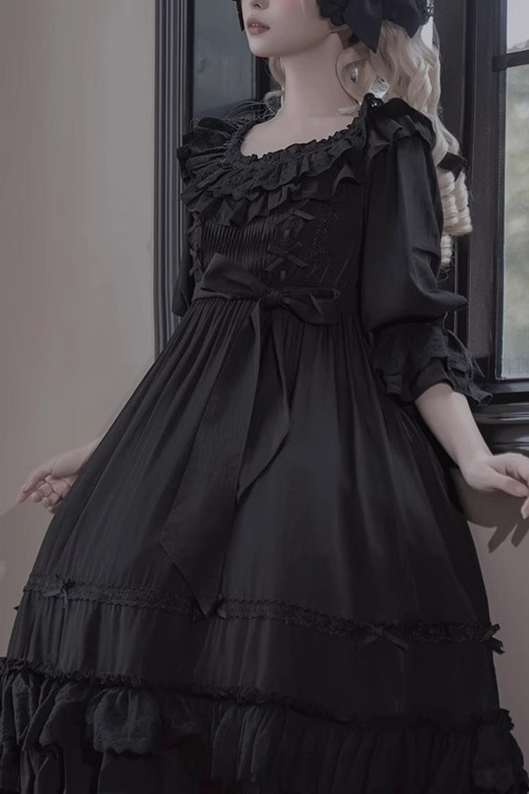 Black Good Morning Short Sleeves Ruffle Bowknot Lace-Up Gothic Lolita Dress