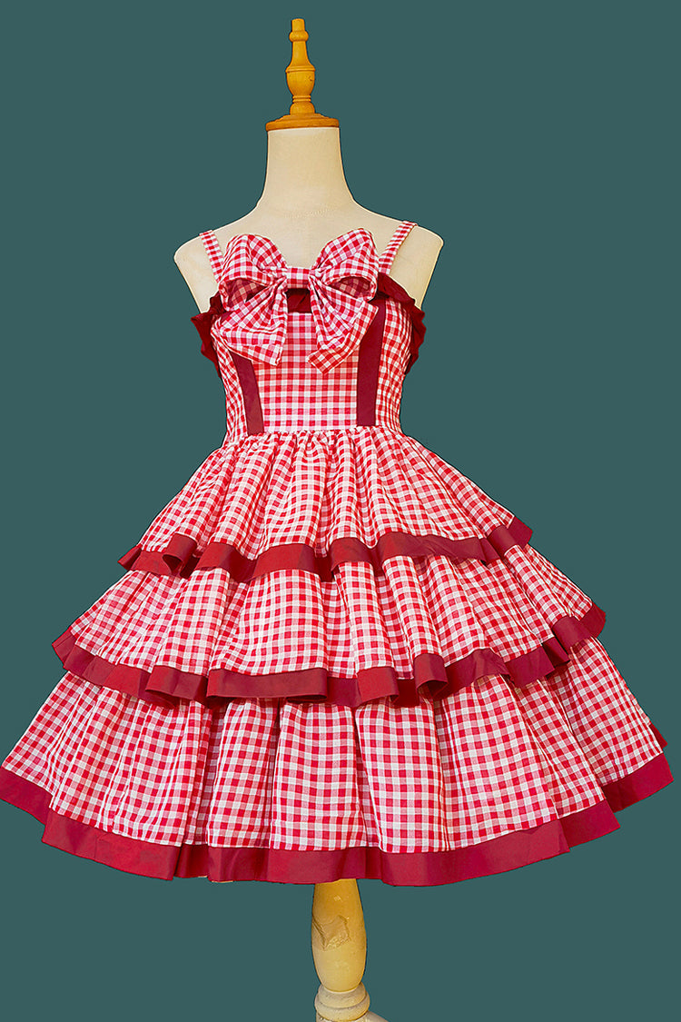 Red Cloth Cat Triple-Layered Plaid Print Ruffle Bowknot Sweet Lolita Dress
