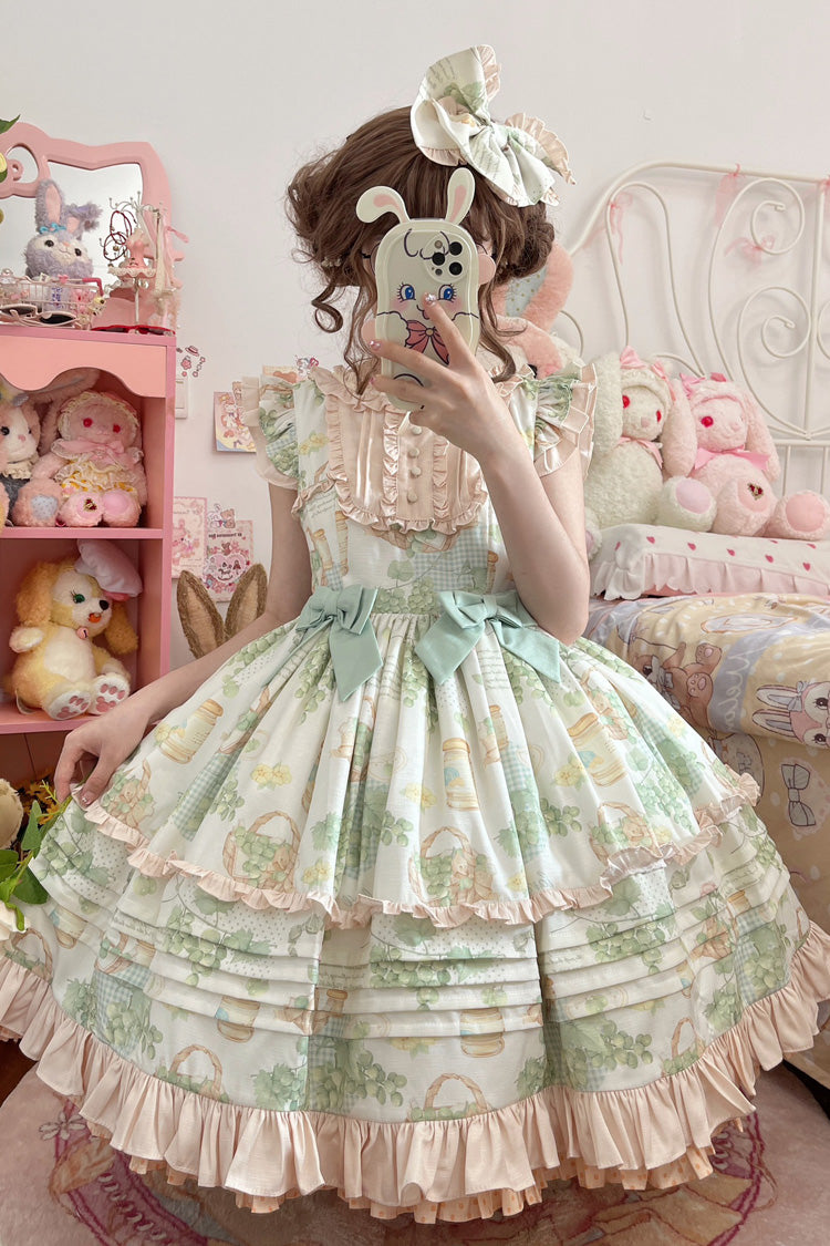 Green Grape Sleeveless Multi-Layered Print Bowknot Sweet Lolita Jsk Dress