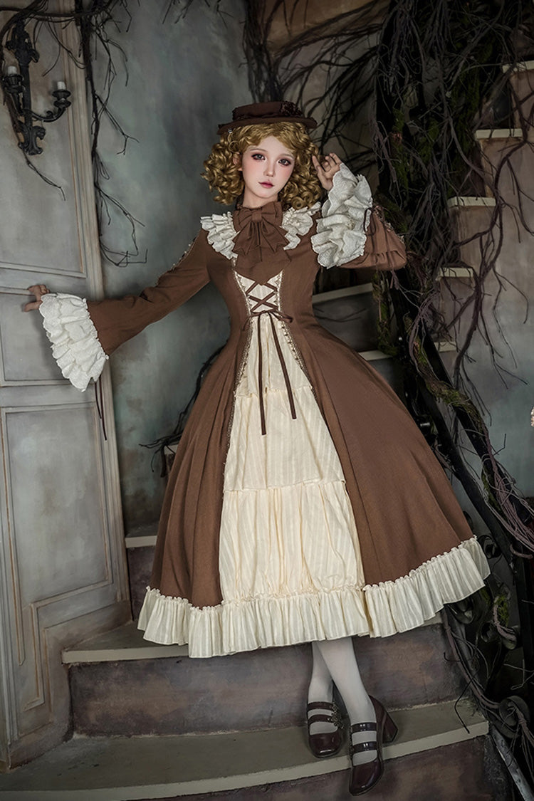 Brown/Beige Nutcracker Stand Collar Long Trumpet Sleeves Ruffle Cardigan Bowknot Lace-Up Sweet Lolita Dress Set 2 Versions
