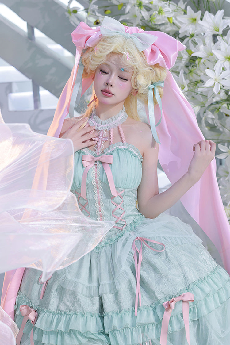 Green Cross Halterneck Ruffle Bowknot Lace Lace-Up Princess Sweet Lolita Dress
