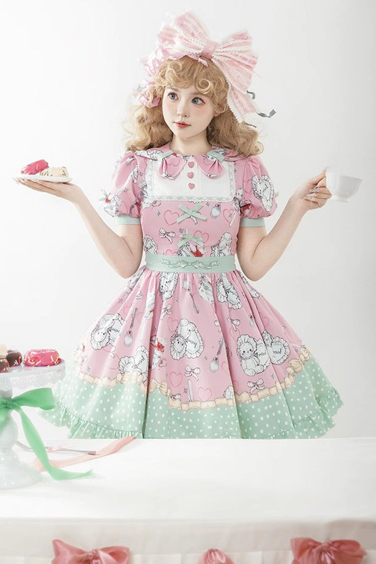 Pink/Green Tea Time Donut, Cake and Bear Print Ruffle Sweet Elegant Lolita Dress
