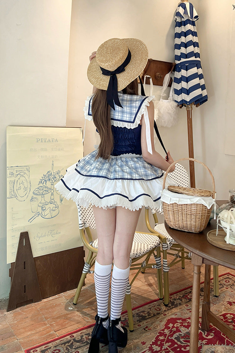 Blue/White Sailing Love Navy Collar Sleeveless Plaid Print Ruffle Bowknot Sweet Lolita Dress