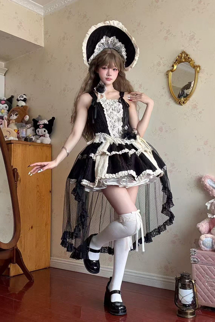 Black Twilight Double-Layered Ruffle Bowknot Lace Gothic Elegant Ballet Lolita Skirt Set