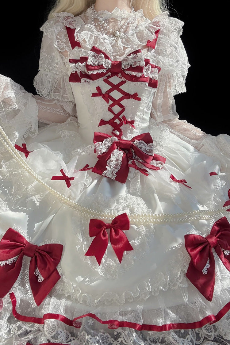 White/Red Sweetheart Sleeveless Multi-Layered Embroidered Bow Lace Lace-Up Sweet Lolita Jsk Dress