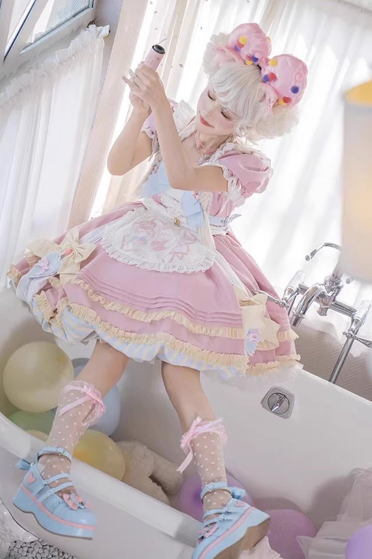 Pink Short Sleeves Multi-Layered Ruffle Bowknot Sweet Princess Lolita Dress Full Set