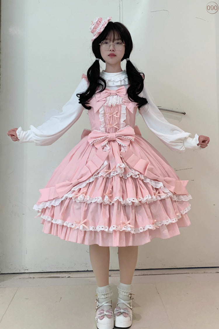 Grisha Sleeveless Triple-Layered Ruffle Cardigan Bowknot Lace Sweet Plus Size Lolita Jsk Dress 3 Colors