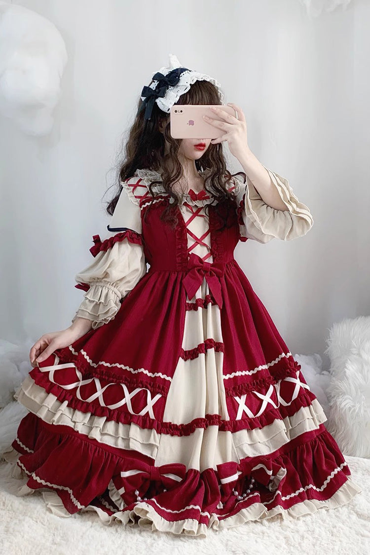 Wine Red Bowknot Long Sleeves Ruffle Sweet Lolita Op Dress