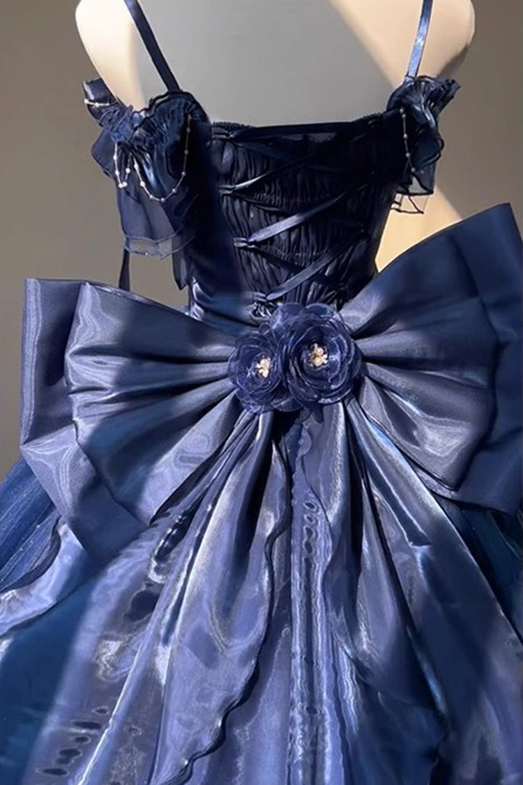 Blue Bright Stars Off Shoulder Ruffle Bowknot Asymmetric Sweet Elegant Princess Lolita Dress