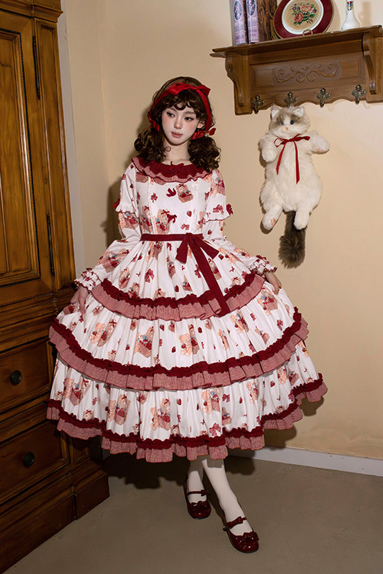White/Pink Bell Strawberry Farm Print Long Sleeves Triple-Layered Ruffle Sweet Lolita Dress