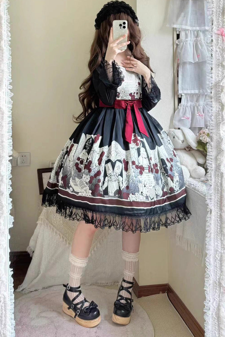 Black Alice of the Asylum Print Bowknot Lace Gothic Lolita Dress 2 Versions