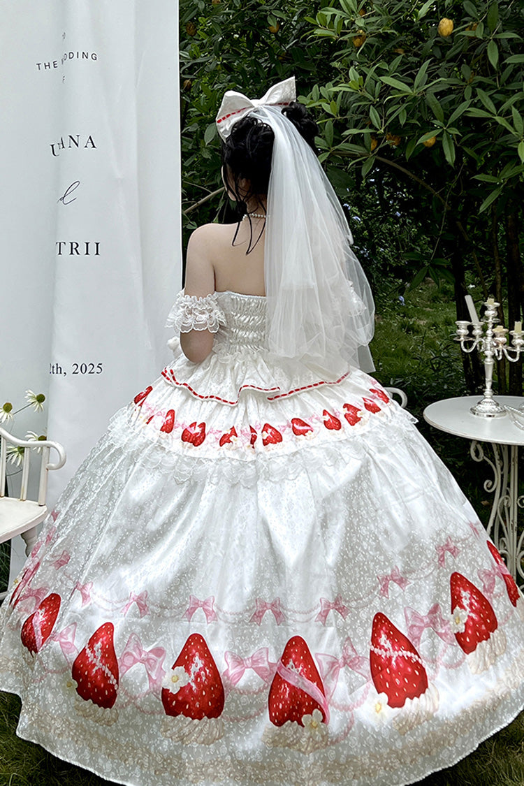 White True Love Strawberry Print Off Shoulder Sleeveless Ruffle Bowknot Lace Sweet Princess Lolita Dress Set