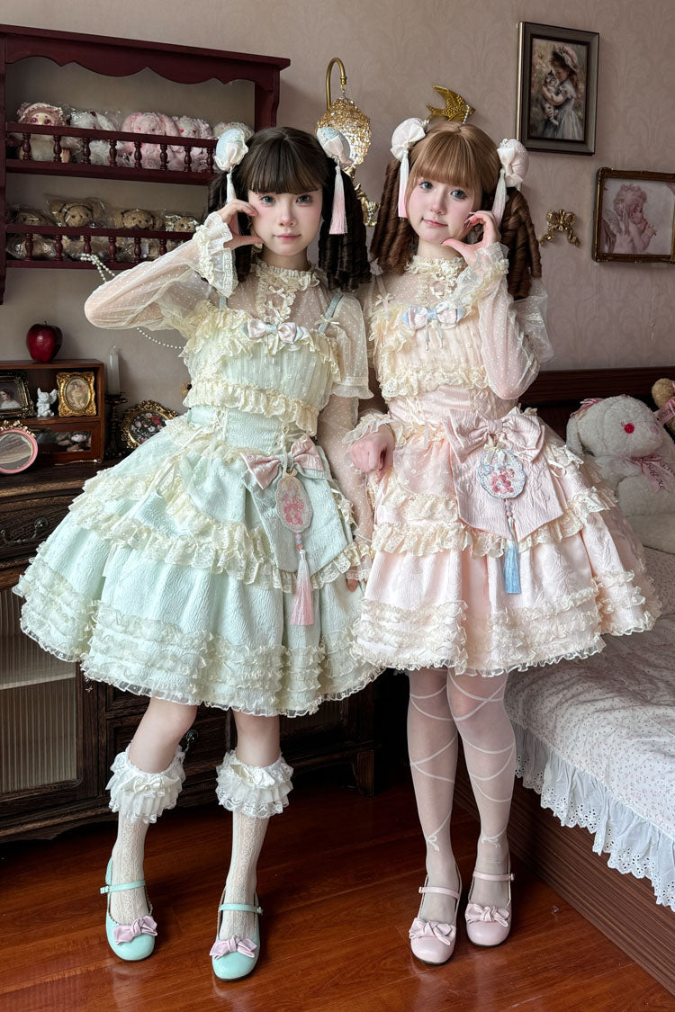 Good Night, Peach Sleeveless Multi-Layered Ruffled Bow Lace Sweet Chinese Style Lolita Jsk Dress 3 Colors