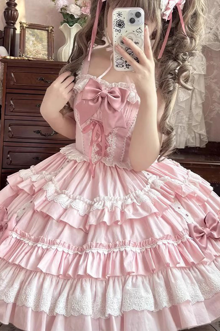 Pink Sleeveless Multi-Layered Ruffle Bowknot Lace-Up Sweet Lolita Tiered Dress